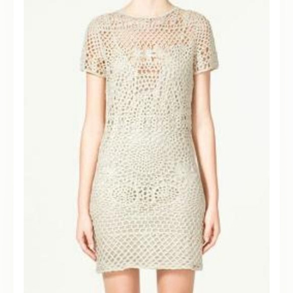 Zara Sz M Cream Crochet Mini Dress Hand Knit
